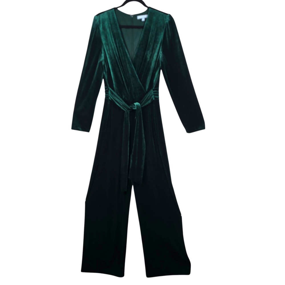 Antonio Melani Emerald Green Velvet Wide Leg Wrap Jumpsuit Womens 12 Long Sleeve